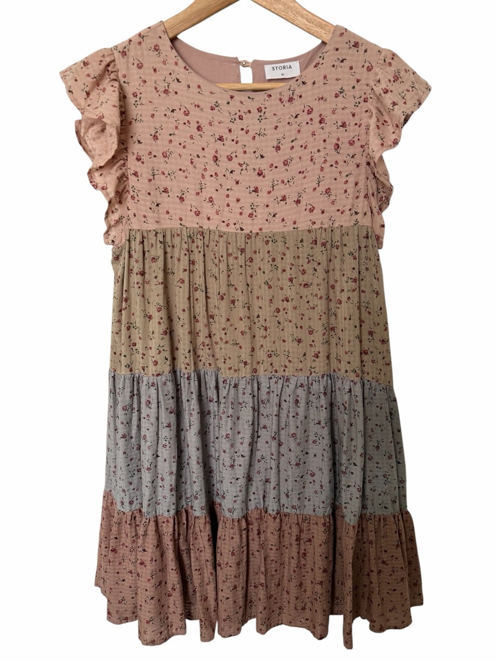 Storia Dress M Dusty Pink Tan Blue Floral Cotton Tiered Ruffle Flutter Slv Lined